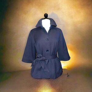 GAP Belted Blazer Jacket 3/4 Sleeves Blue Ribbed Virgin Wool Fabric Sz L NWOT